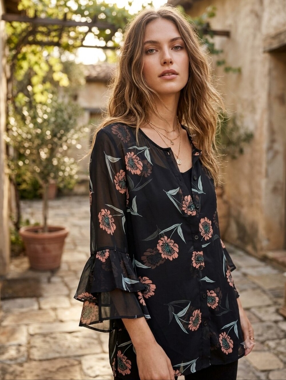 Cabi La Di Dah Poetcore Boho Blouse Sheer Floral Boho Romantic Poet Sleeve